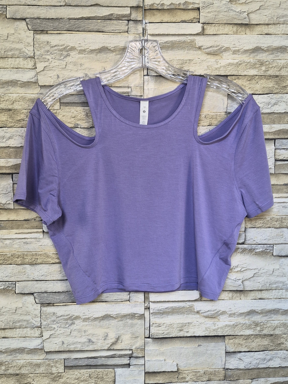 Lululemon Cold Shoulder Crop Top Women's 10 Purple Yoga Workout Short Sleeve